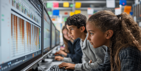 Gli studenti collaborano al computer, analizzando le visualizzazioni dei dati.