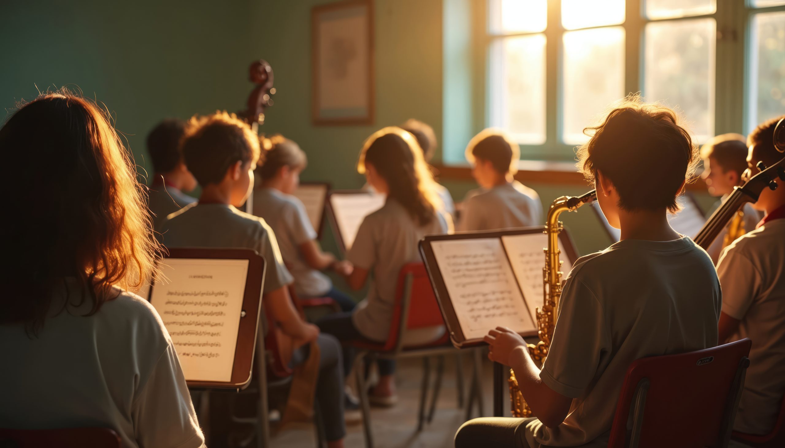 Bambini che suonano strumenti musicali in un'aula.