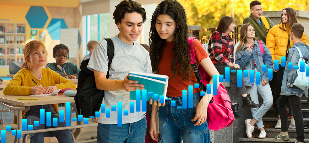 Studenti con zaini e grafici blu