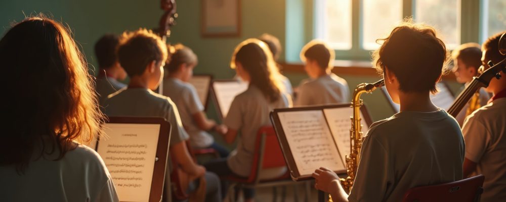 Bambini che suonano strumenti musicali in un'aula.
